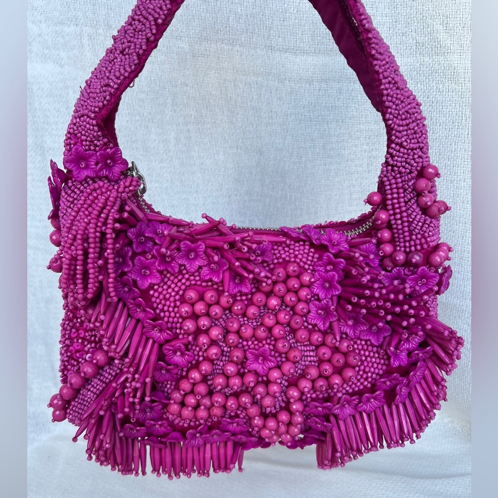 VIRAL HANDMADE FUCHSIA BEADED BAG w/ FLOWER DETAILS, NWT *LAST IN STOCK*